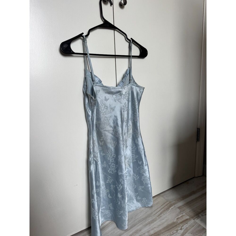 Adorable Vintage LA Hearts Satin Baby Blue Slip Dress Floral Embroidery Sz Sm